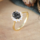 1.5 Carat Classic Halo Lab Grown Black Rutilated Quartz Ring Oval Shaped Engagement Ring